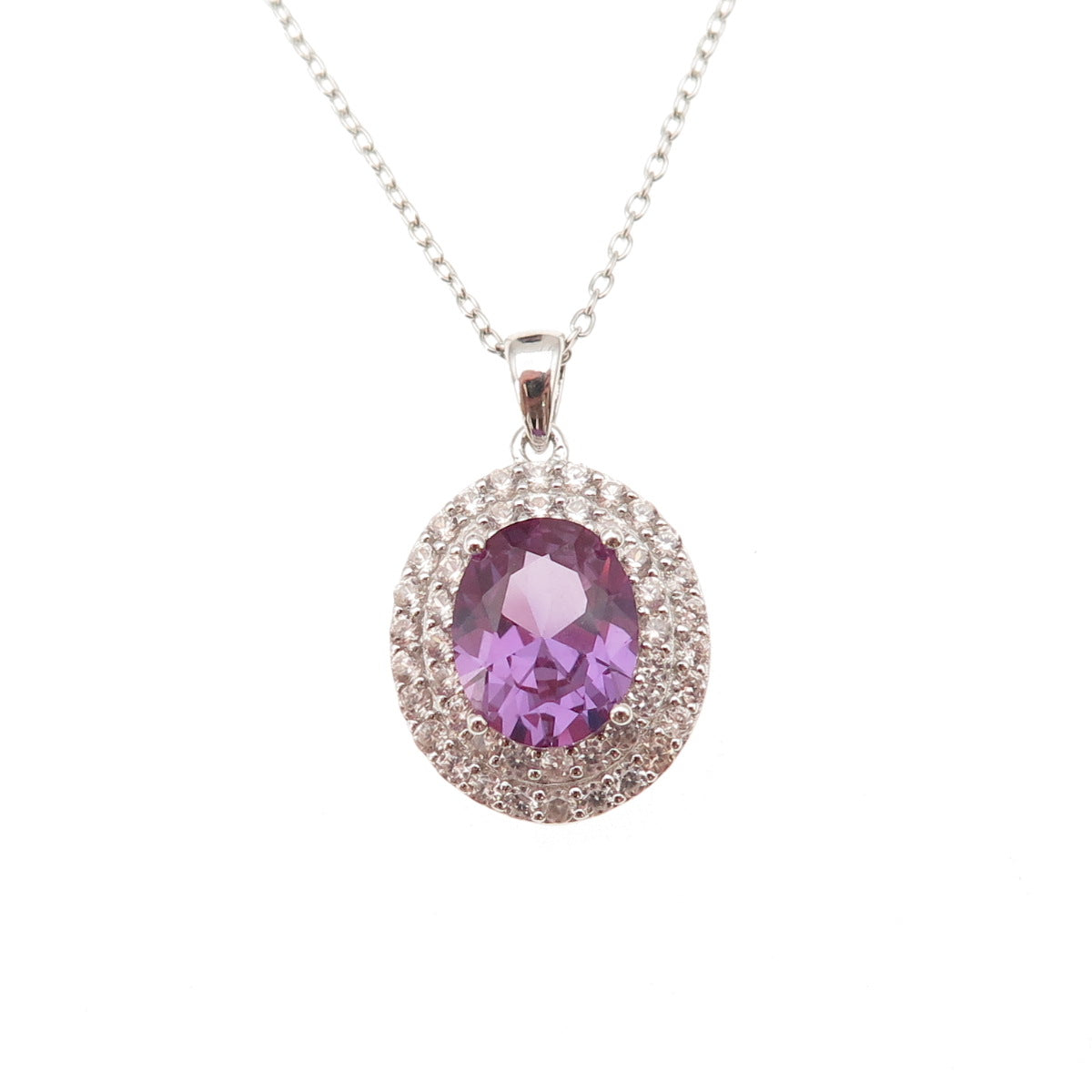 925 Sterling Silver Real Amethyst & White Topaz Cable Chain Necklace 18"