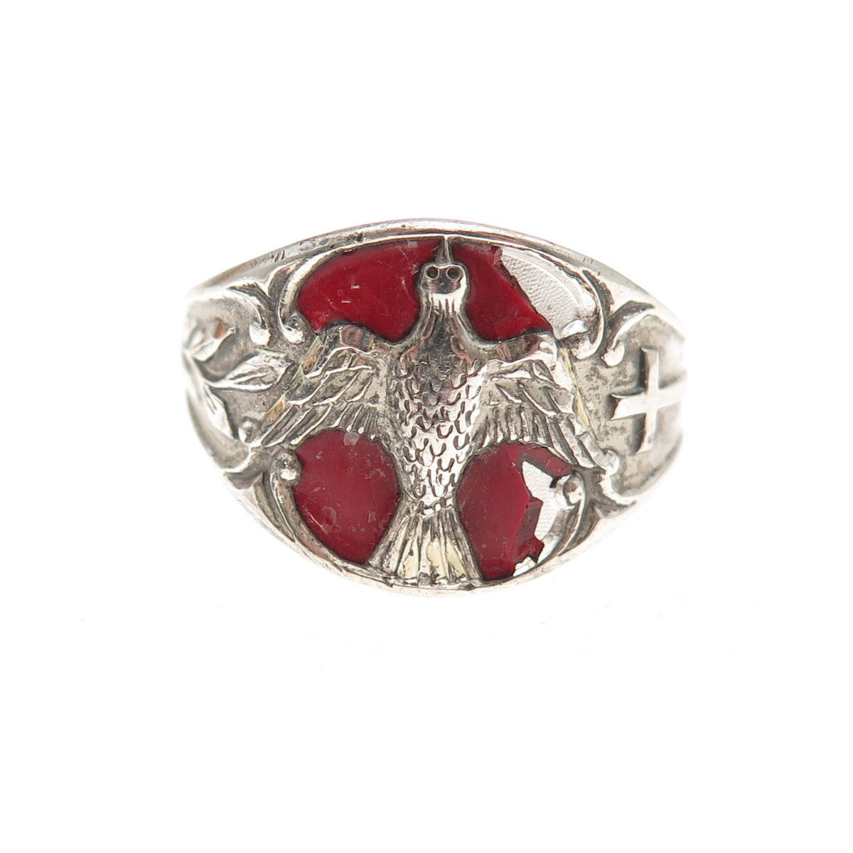 Creed 925 Sterling Antique Art Deco Enamel Holy Spirit Adjustable Ring Size 8.75