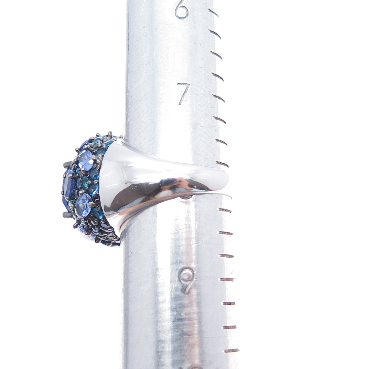 FADI 925 Sterling Silver Oval & Round-Cut Blue C Z Cluster Ring Size 8