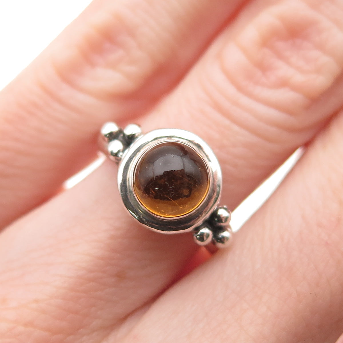 925 Sterling Silver Vintage Real Amber Beaded Oxidized Ring Size 6