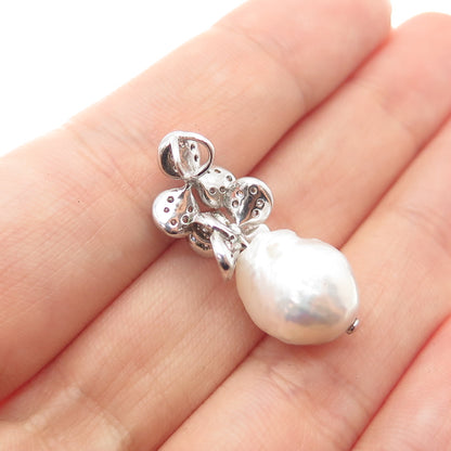 925 Sterling Silver Real Baroque Pearl & C Z Floral Charm Pendant