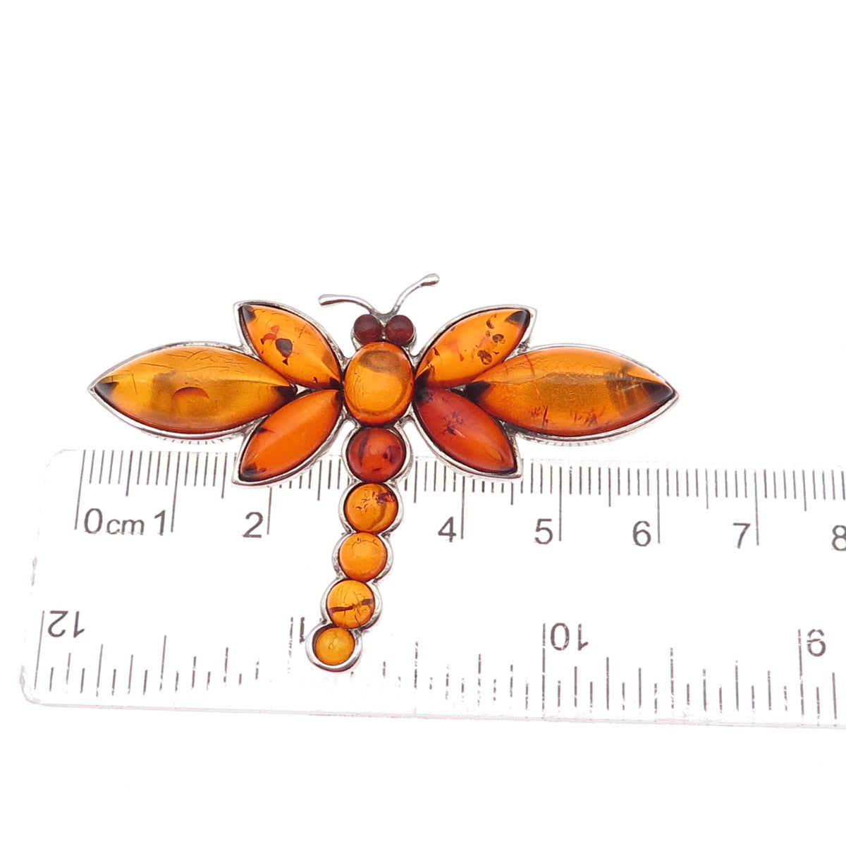 925 Sterling Silver Vintage AS Poland Real Amber Dragonfly Oxidized Pin Brooch