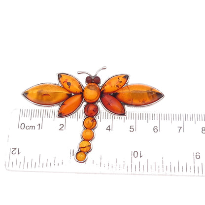 925 Sterling Silver Vintage AS Poland Real Amber Dragonfly Oxidized Pin Brooch