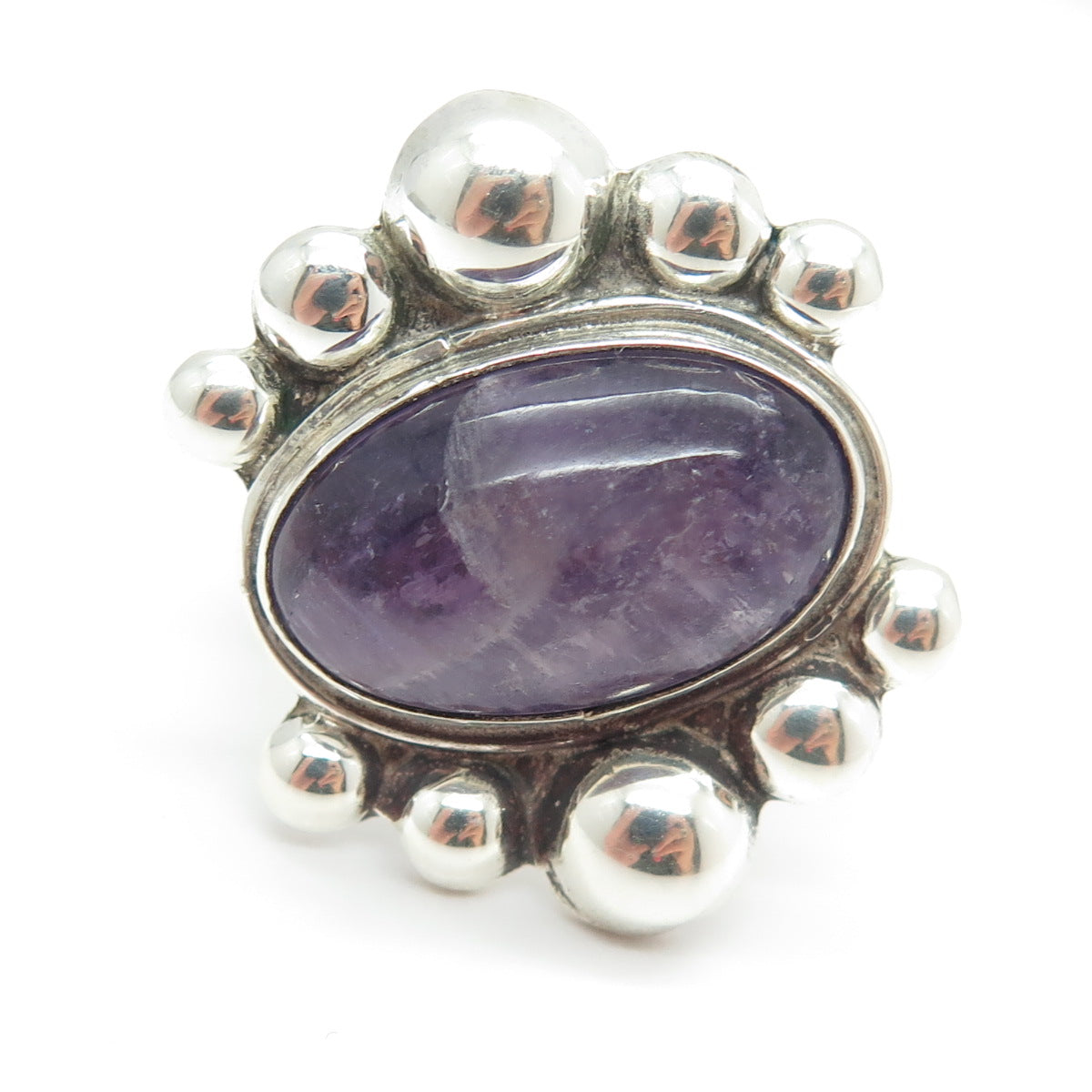 925 Sterling Silver Vintage Real Amethyst Beaded Modernist Ring Size 7.25