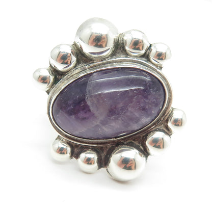 925 Sterling Silver Vintage Real Amethyst Beaded Modernist Ring Size 7.25