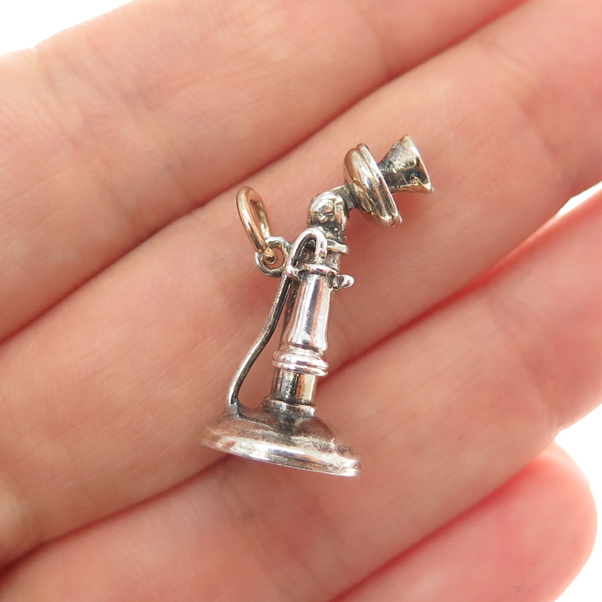 WELLS 925 Sterling Silver Vintage Retro Candlestick Phone 3D Charm Pendant