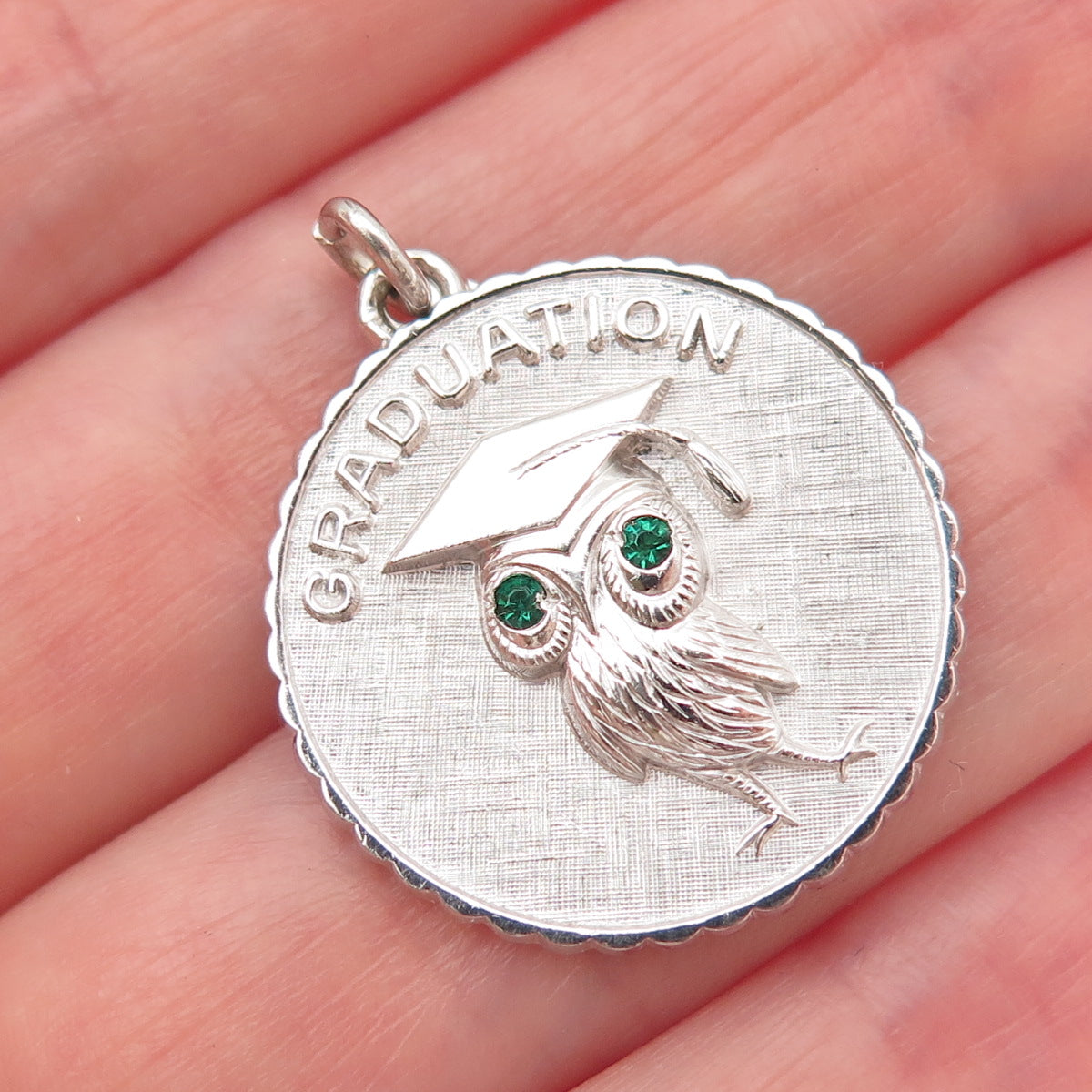 925 Sterling Silver Vintage Green Rhinestone Graduation Owl Bird Charm Pendant