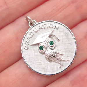 925 Sterling Silver Vintage Green Rhinestone Graduation Owl Bird Charm Pendant
