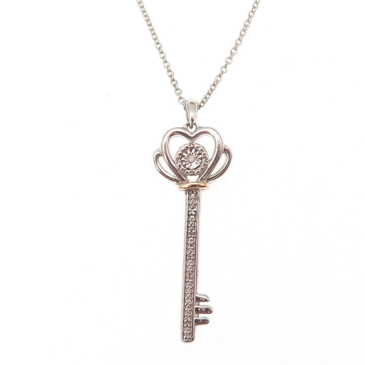 925 Sterling Silver 10K Gold Real Diamond Heart Key Cable Chain Necklace 18"