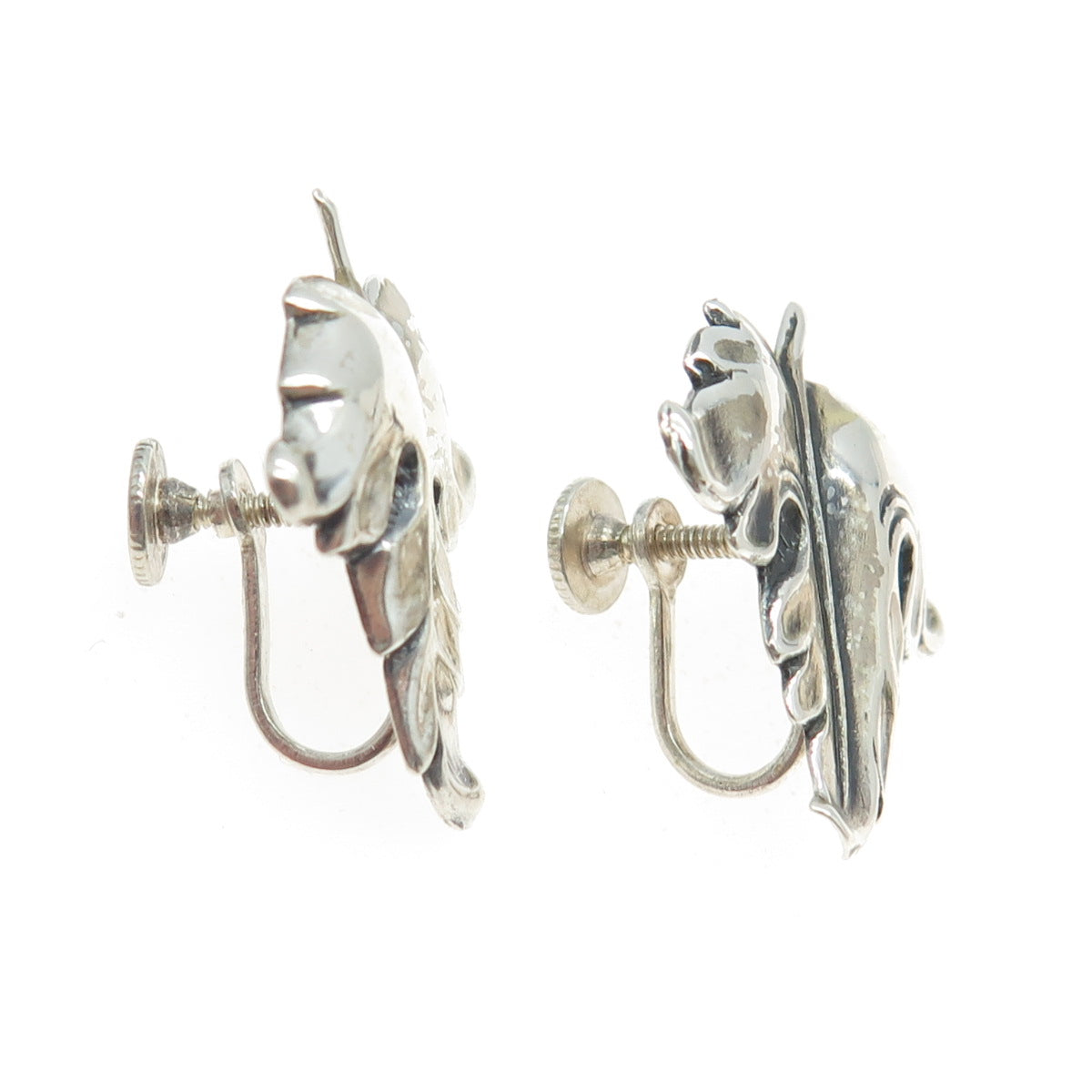 925 Sterling Silver Antique Art Deco Leaf Screw Back Earrings