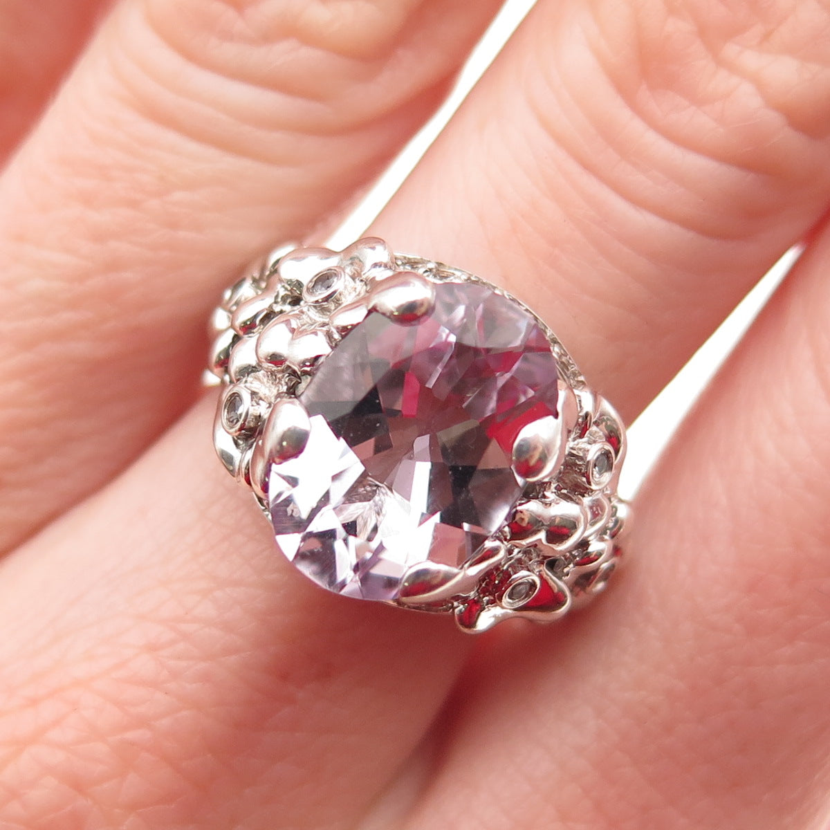 925 Sterling Silver Vintage Real Amethyst & White Topaz Modernist Ring Size 8