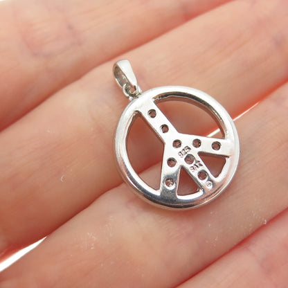 SAI 925 Sterling Silver Round-Cut C Z Peace Symbol Minimalist Charm Pendant
