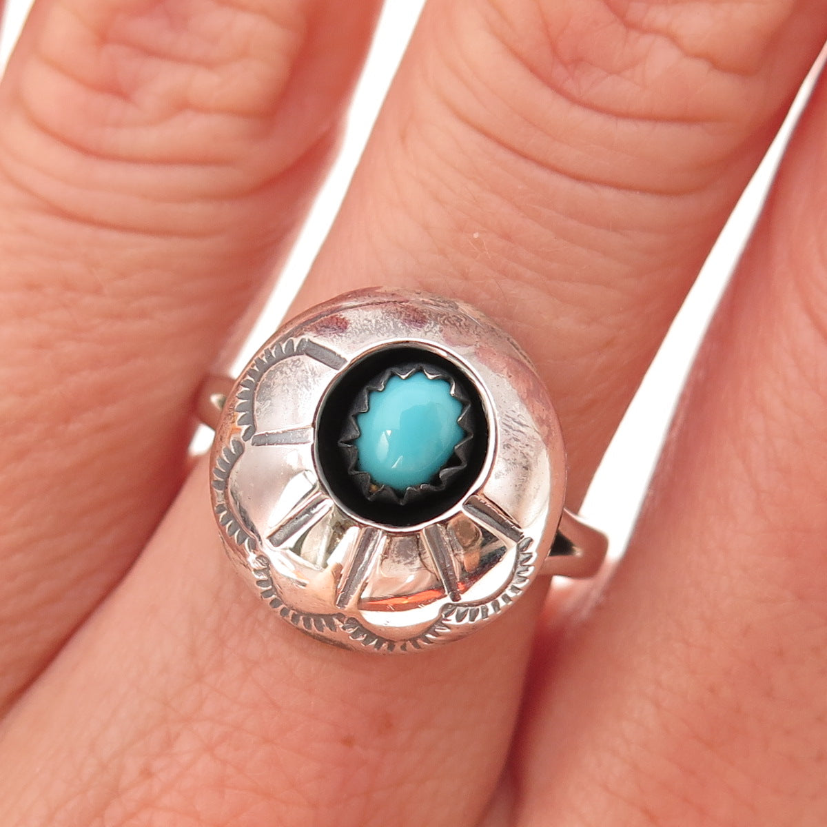 Old Pawn 925 Sterling Silver Vintage Turquoise Concho Shadow Box Ring Size 7.5