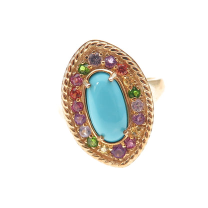 D'Joy 925 Sterling Silver Gold Plated Real Turquoise & Multi-Gem Ring Size 8