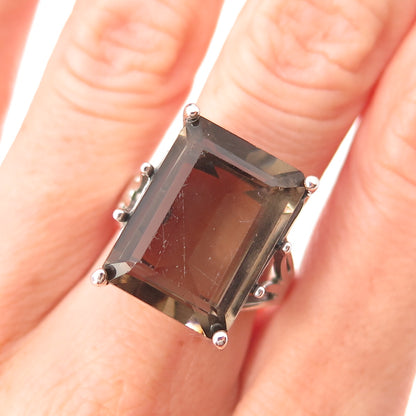 925 Sterling Silver Vintage Real Emerald-Cut Smoky Quartz Ring Size 8