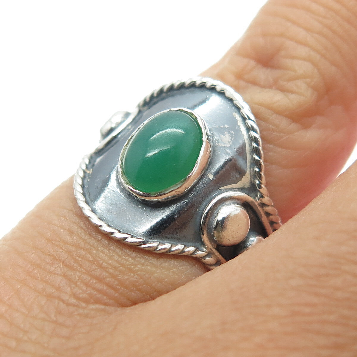 925 Sterling Silver Vintage Mexico Real Green Chalcedony Beaded Ring Size 5.25