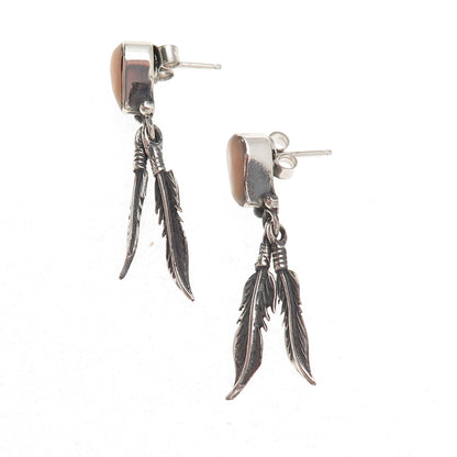 Old Pawn 925 Sterling Silver Vintage Southwestern MOP Feather Dangle Earrings