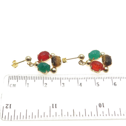 Gold Filled Vintage Real Chalcedony Tiger Eye & Carnelian Gemstone Earrings