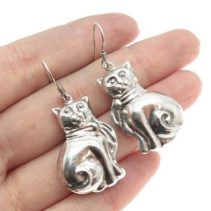 925 Sterling Silver Vintage Cat Puffy Drop 3D Earrings