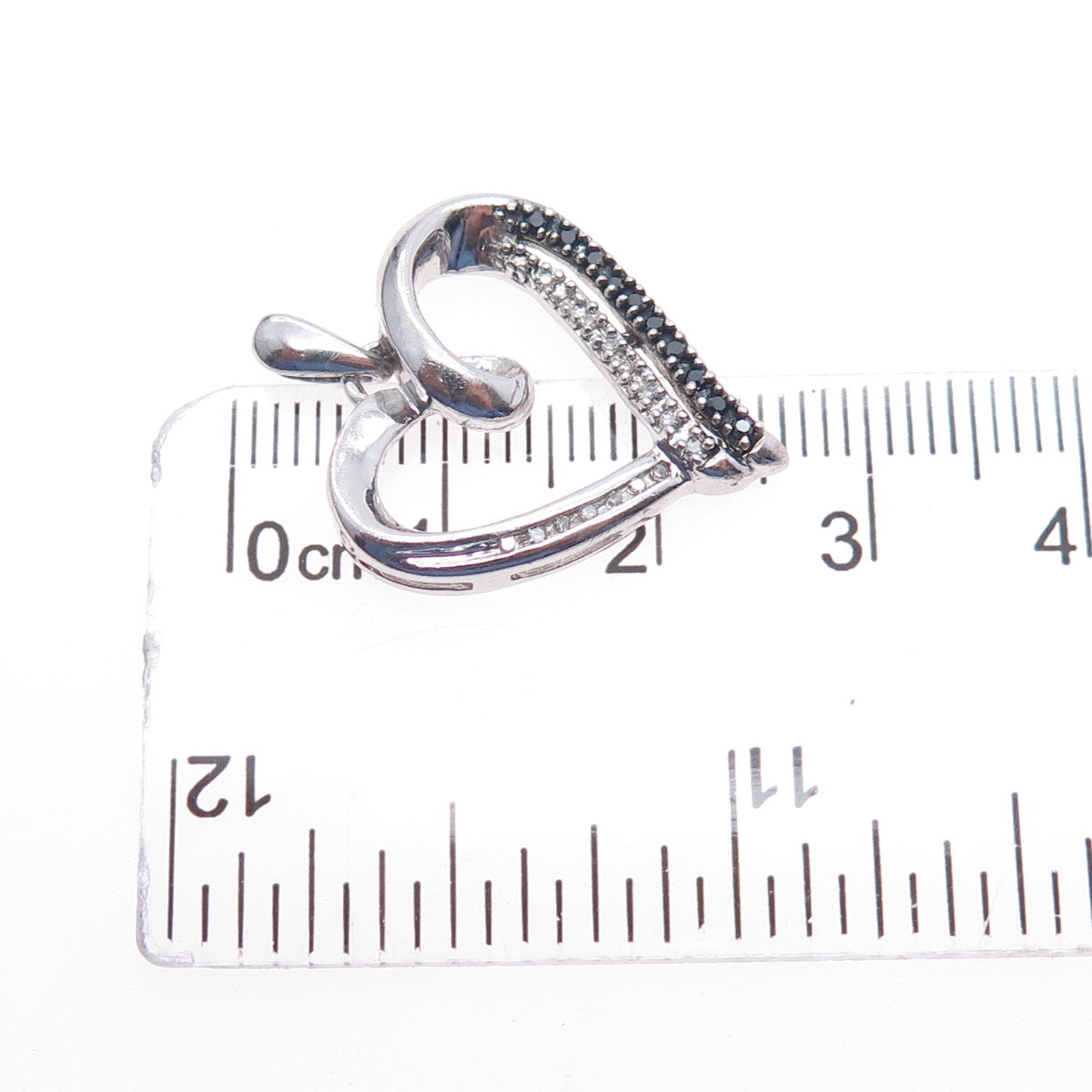 925 Sterling Silver Real Round-Cut Black & White Diamond Heart Charm Pendant