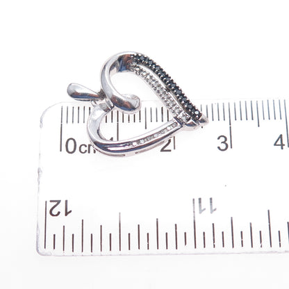 925 Sterling Silver Real Round-Cut Black & White Diamond Heart Charm Pendant