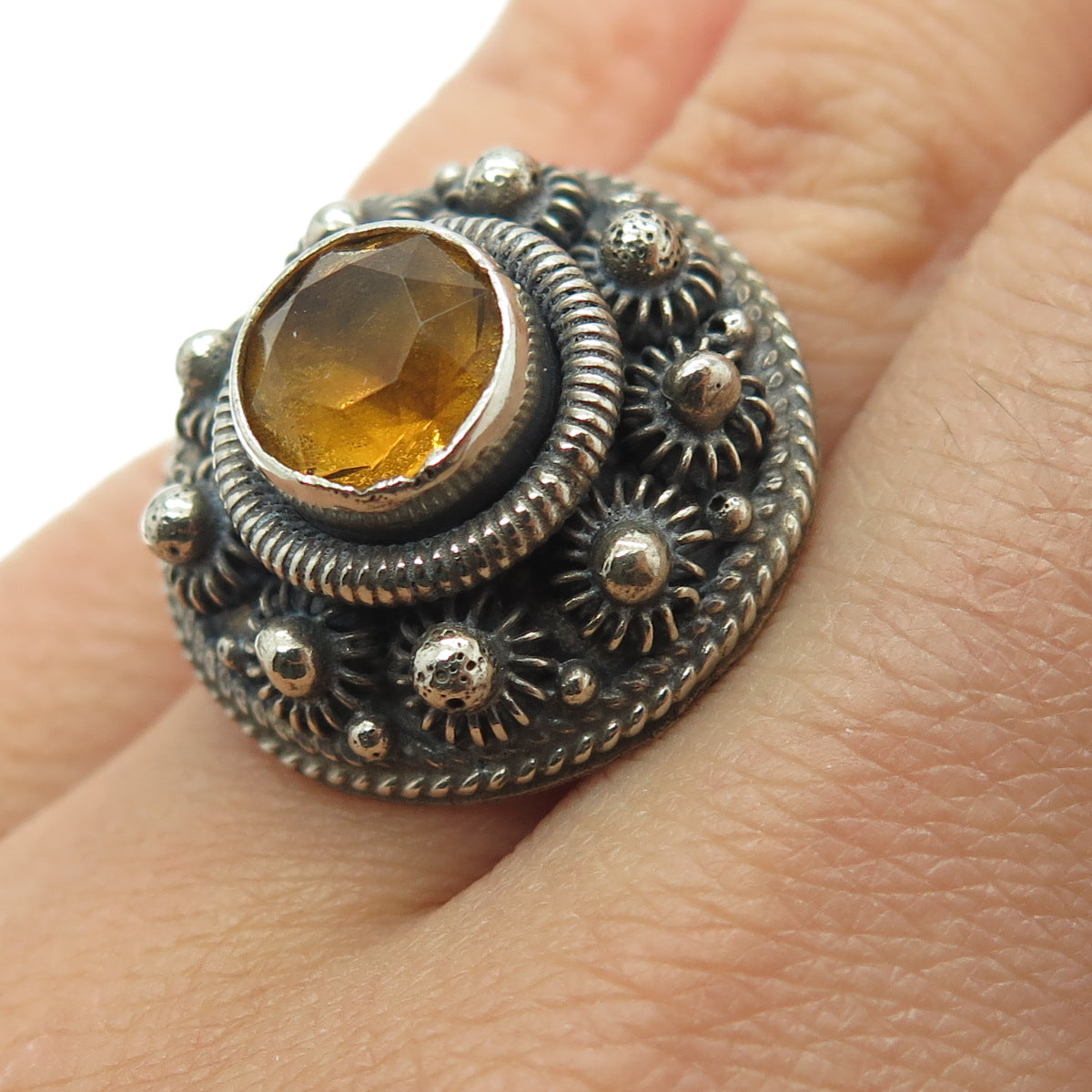 925 Sterling Silver Antique Siam Citrine Cannetille Adjustable Ring Size 6.5