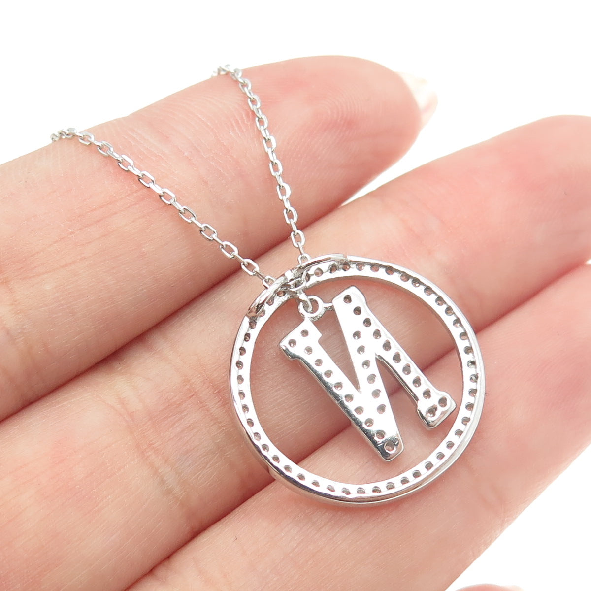 925 Sterling Silver Round-Cut C Z Letter "N" Initial Cable Chain Necklace 16-18"