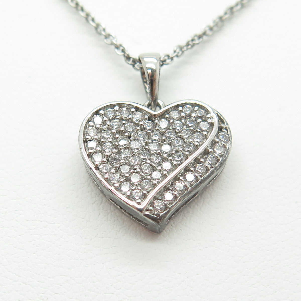 925 Sterling Silver Italy Round-Cut C Z Heart Cable Chain Necklace 16"