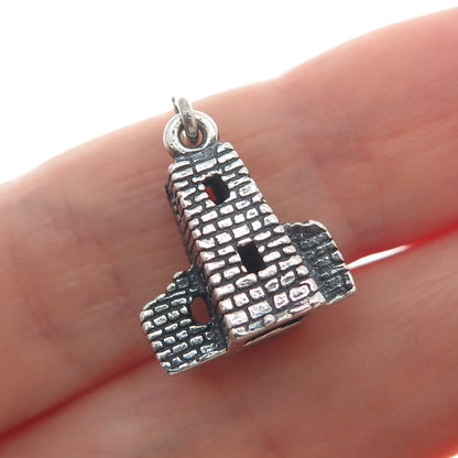 925 Sterling Silver Vintage Mesa Verde Square Tower Oxidized Mini 3D Pendant