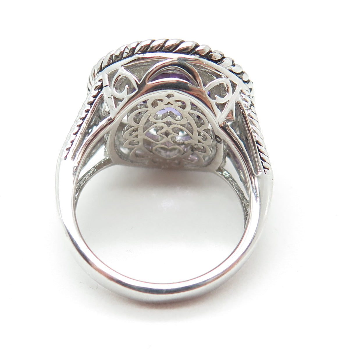 925 Sterling Silver Real Checkered Amethyst Gem Swirl Twisted Ring Size 7