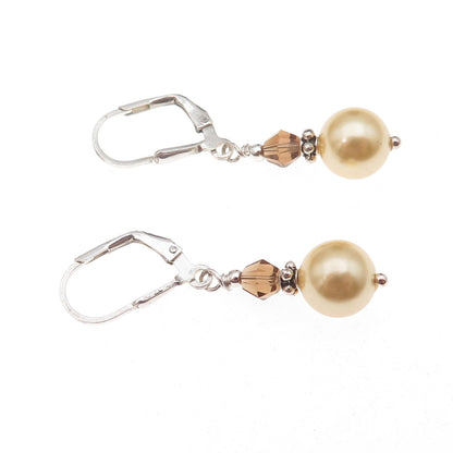 925 Sterling Silver Vintage Faux Pearl & Real Smoky Quartz Dangle Earrings