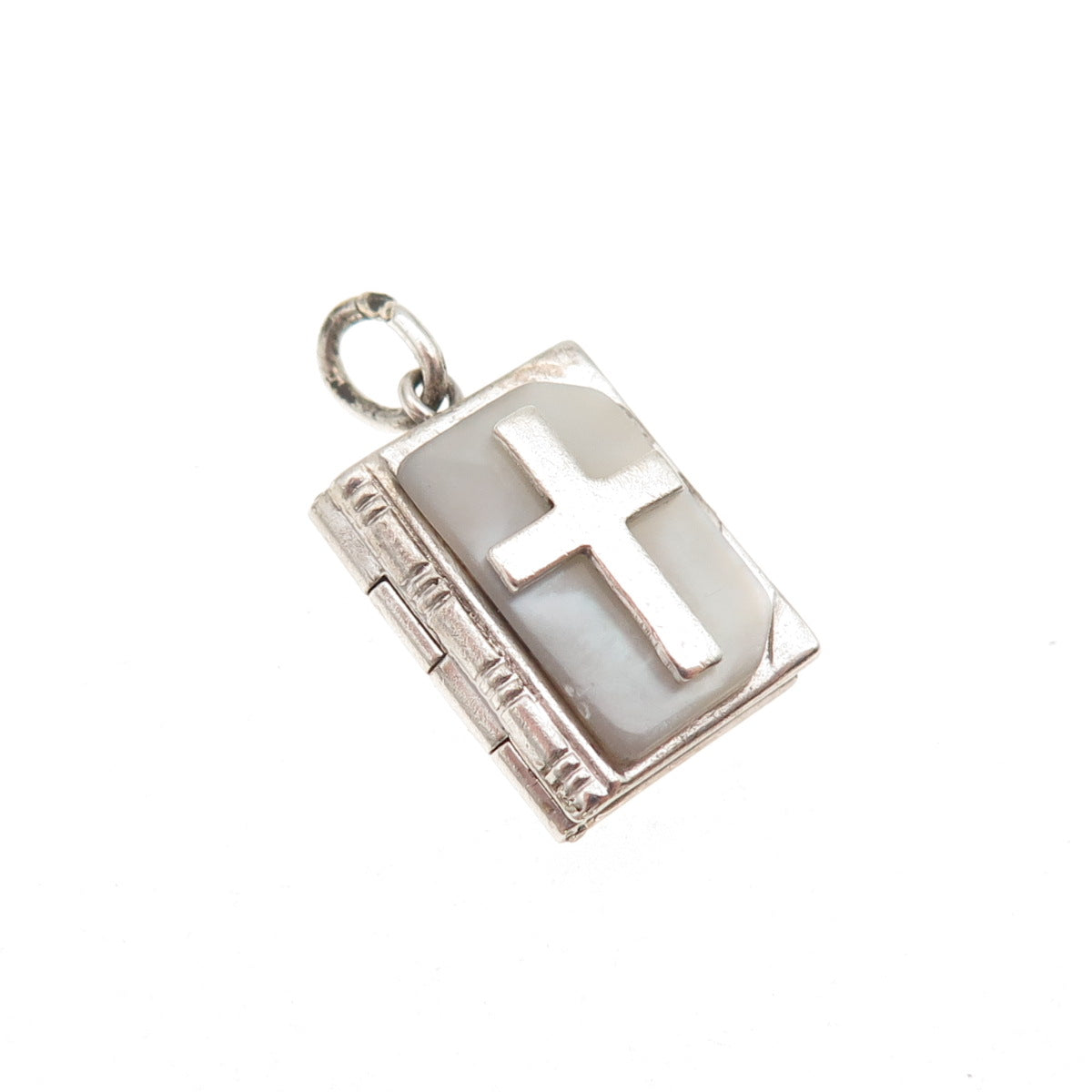 925 Sterling Antique Real MOP Prayer Cross Bible Mini Locket Charm Pendant