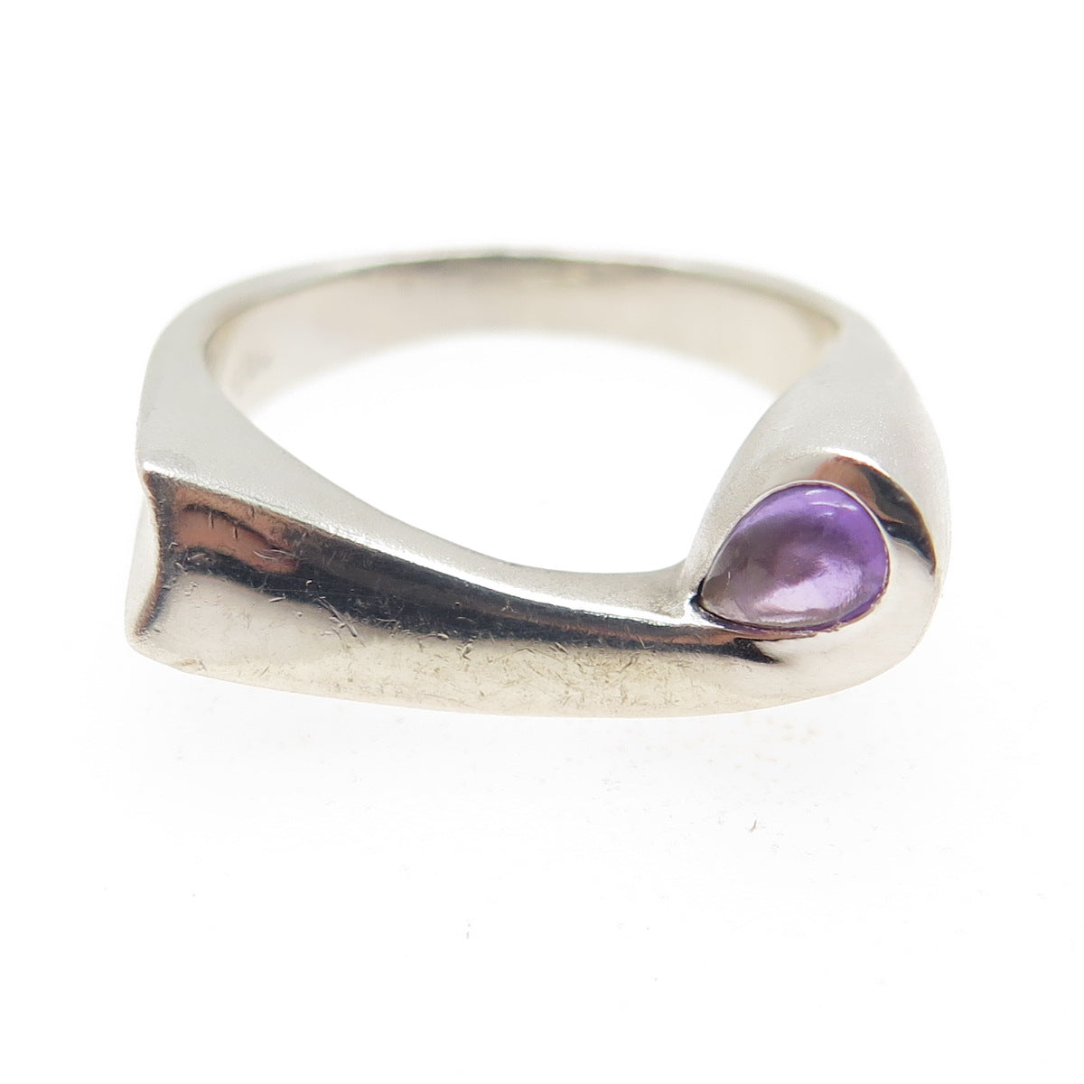 925 Sterling Silver Vintage Real Amethyst Modernist Wavy Ring Size 9