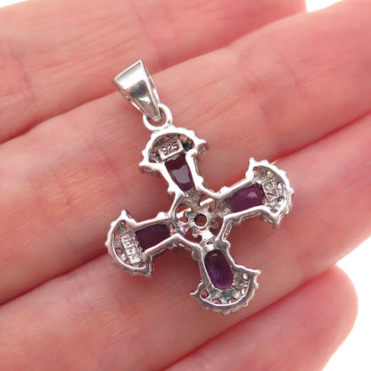 925 Sterling Silver Vintage Real Amethyst & C Z Cross Charm Pendant