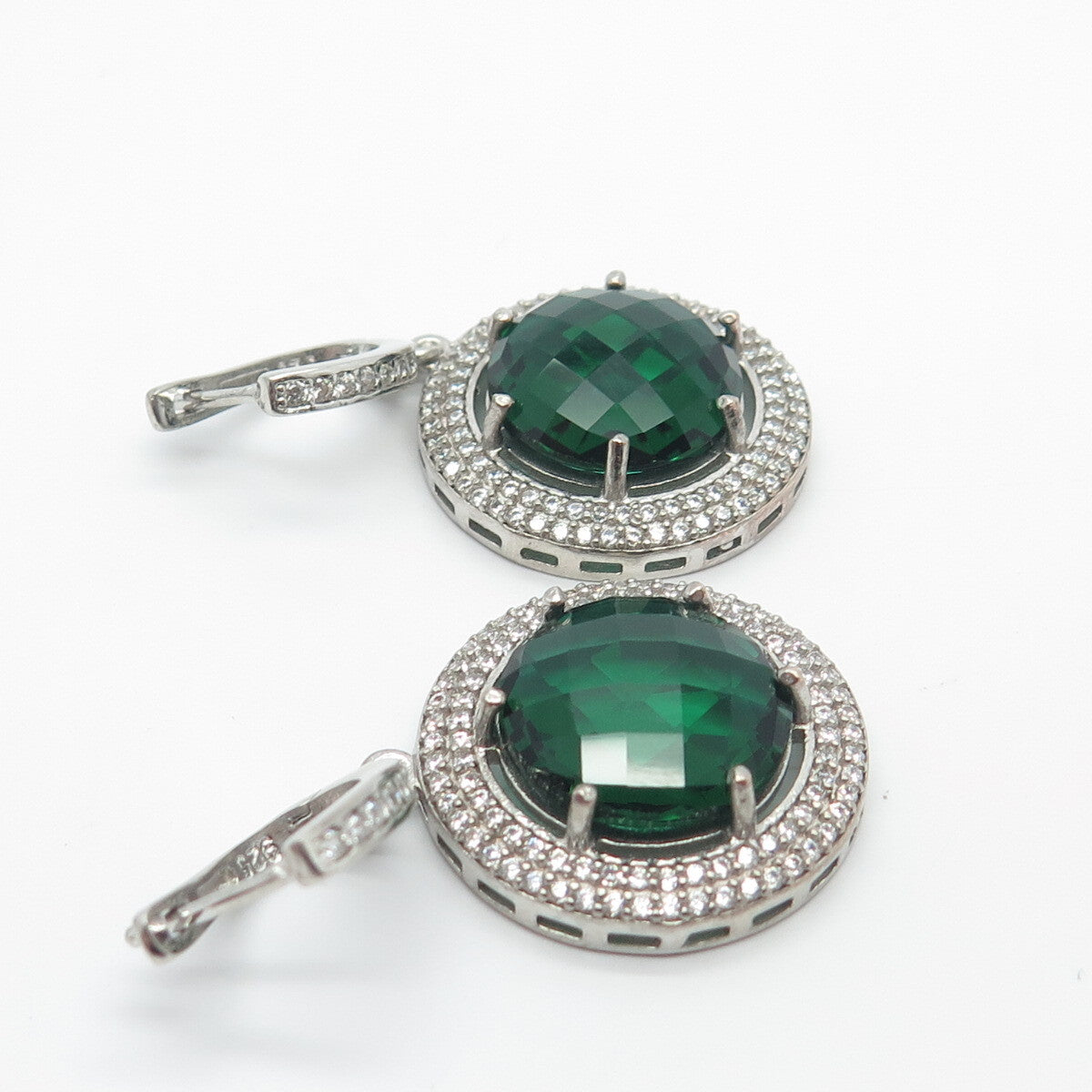 925 Sterling Silver White & Green C Z Dangling Earrings