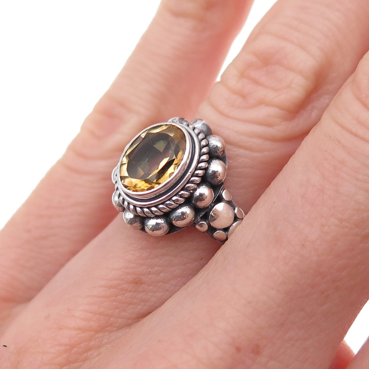 Suarti Bali 925 Sterling Silver Vintage Real Citrine Beaded Oxidized Ring Size 6