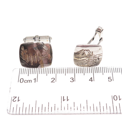 950 Silver 2-Tone Antique Japan Mount Fuji Landscape Cufflinks