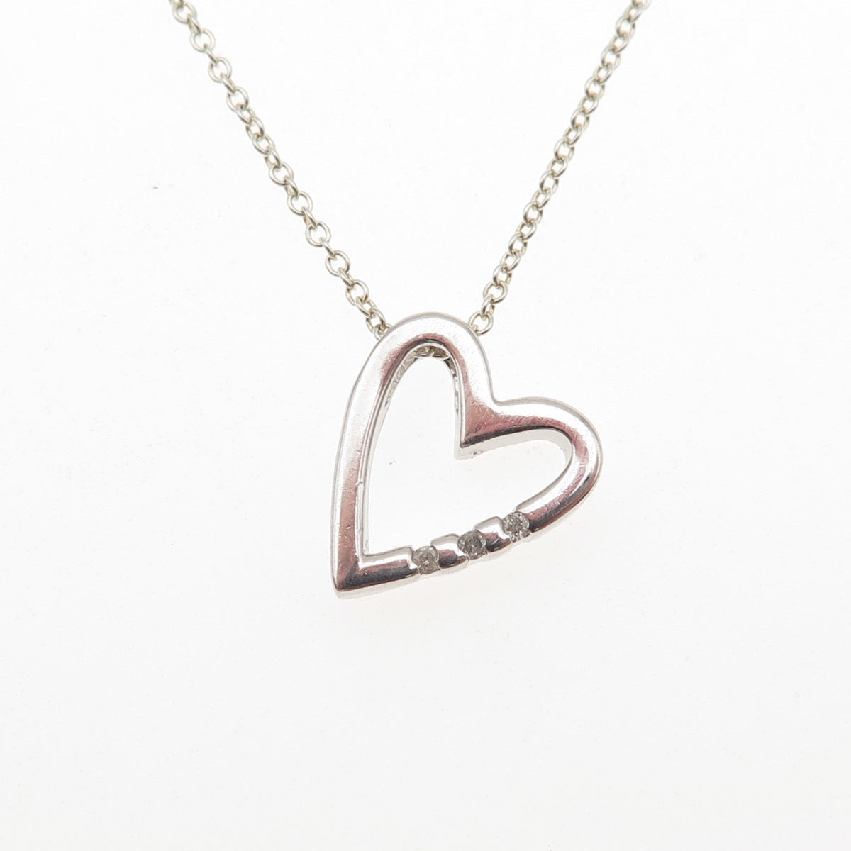925 Sterling Silver Real Round-Cut Diamond Heart Cable Chain Necklace 18"