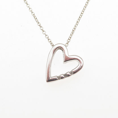 925 Sterling Silver Real Round-Cut Diamond Heart Cable Chain Necklace 18"