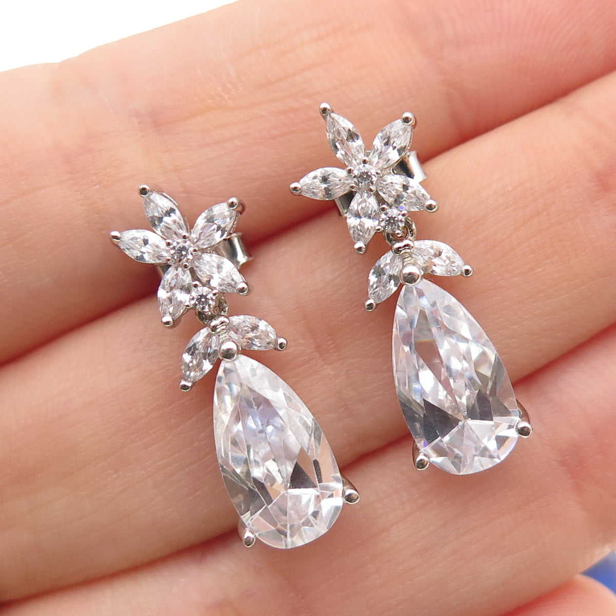 925 Sterling Silver Pear Marquise & Round-Cut C Z Dangle Earrings