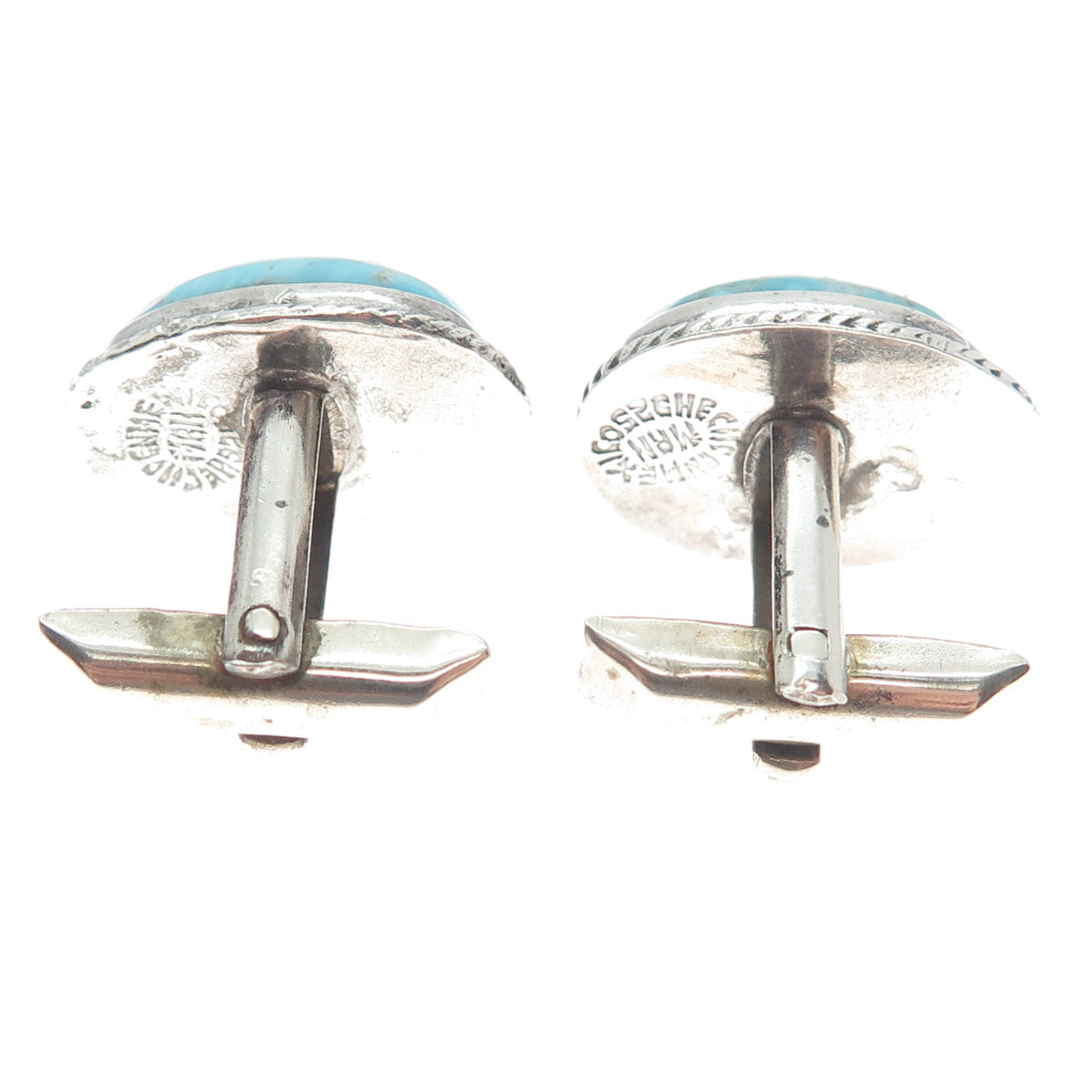 925 Sterling Silver Vintage Mexico Faux Turquoise Oxidized Cufflinks