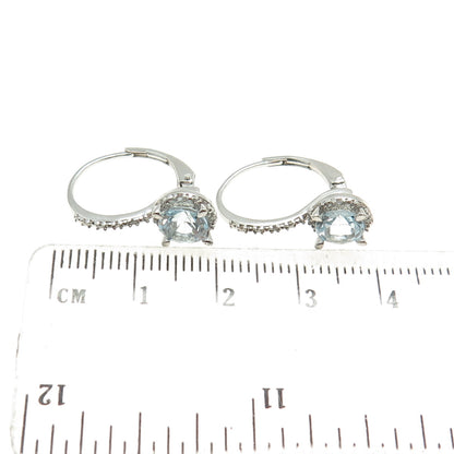 925 Sterling Silver Real Round-Cut Diamond & Blue Topaz Earrings