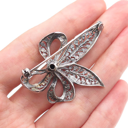 935 Silver Vintage Filigree Ribbon Bow Oxidized Pin Brooch