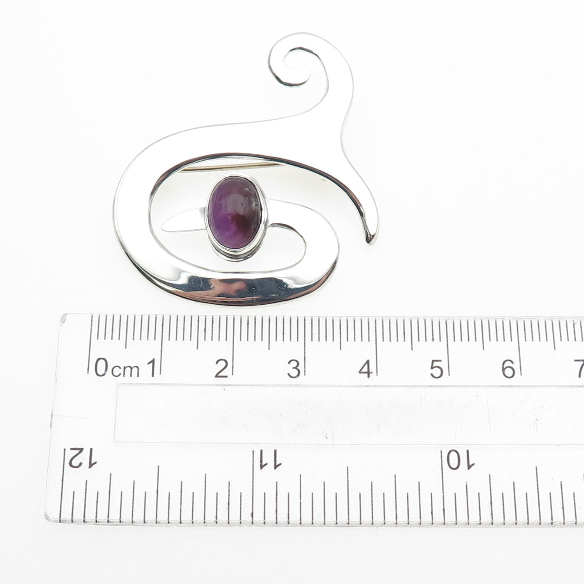 925 Sterling Silver Vintage Mexico Real Amethyst Modernist Spiral Pin Brooch