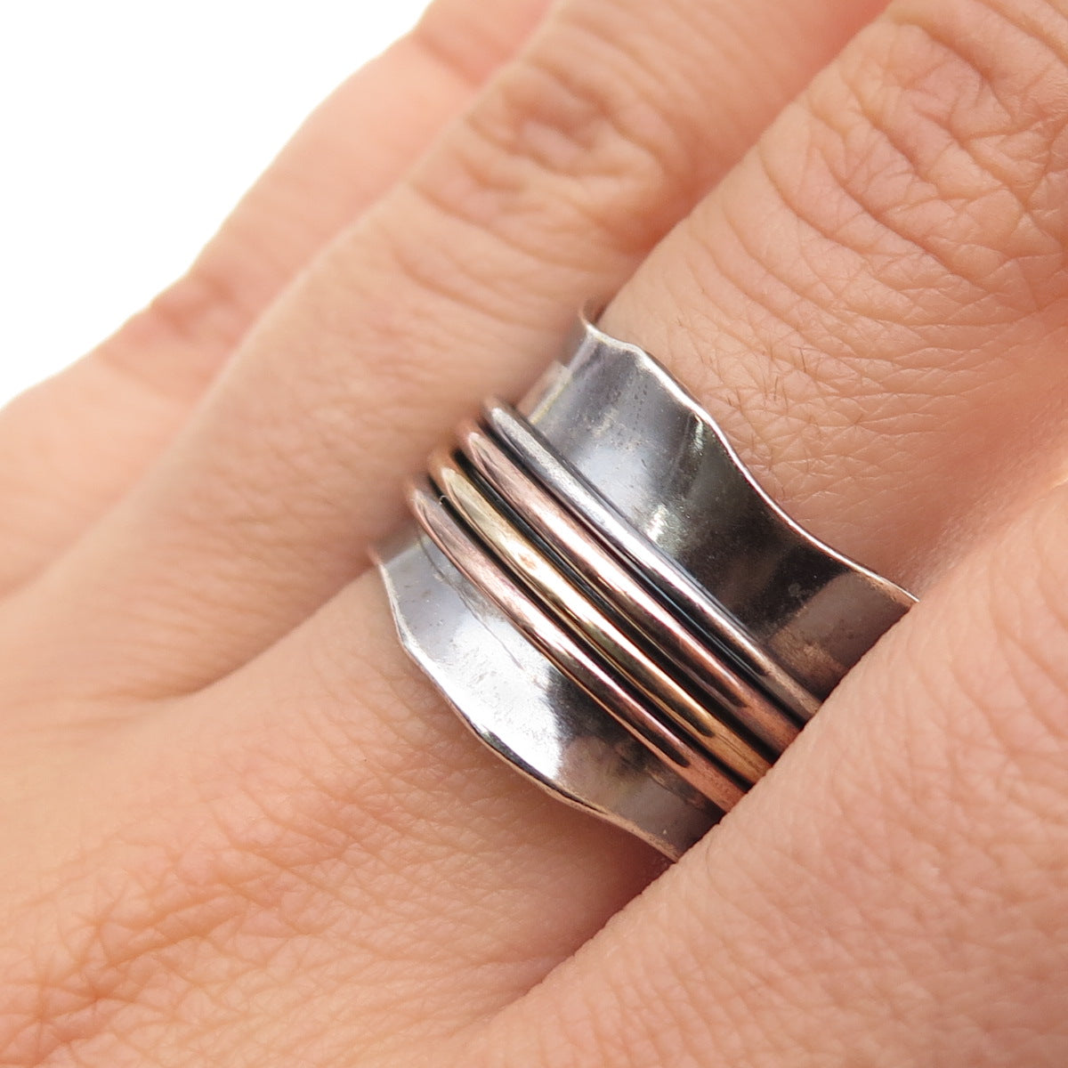 925 Sterling Silver 3-Tone Vintage Modernist Rotating Band Oxidized Ring Size 9