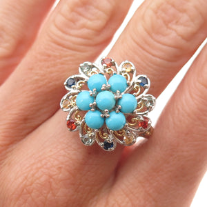 Chuck Clemency 925 Sterling 2-Tone Real Turquoise & Multi-Sapphire Ring Size 8