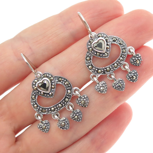 925 Sterling Silver Vintage Real Marcasite Heart Oxidized Dangle Earrings