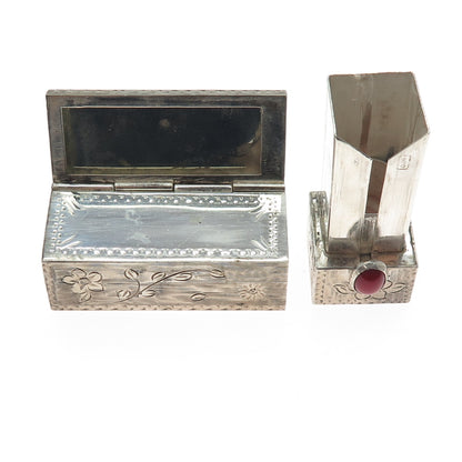 800 Silver Antique Art Deco Italy Real Coral Engraved Tube Slide Lipstick Case