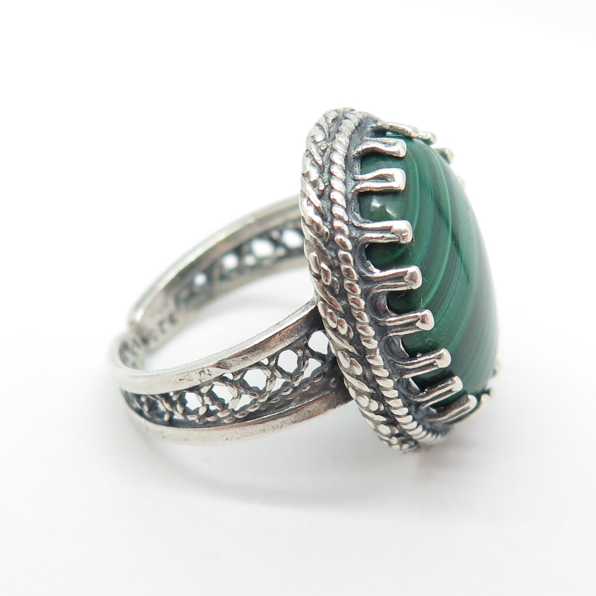 925 Sterling Silver Vintage Israel Real Malachite Gemstone Ethnic Ring Size 6.5