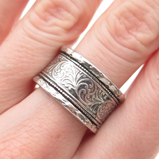 925 Sterling Silver Vintage Israel Floral Oxidized Wide Band Ring Size 9.25